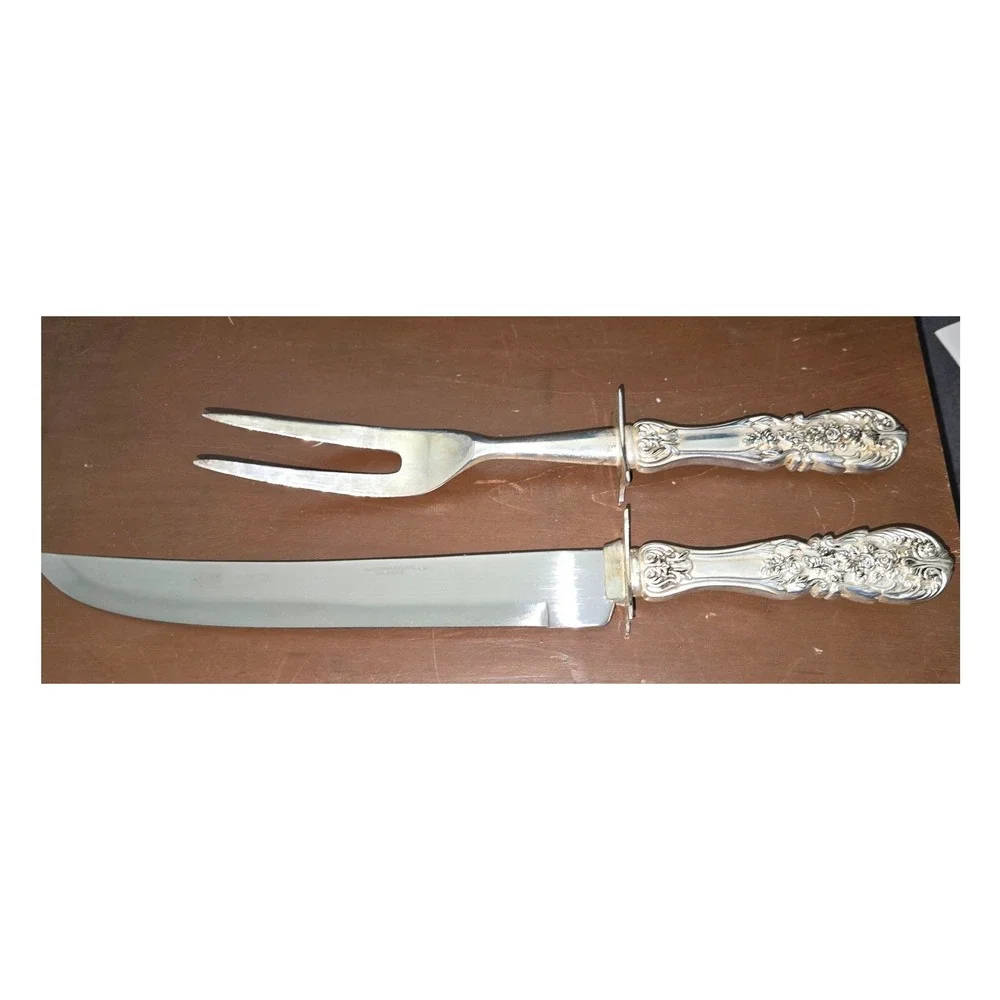 Vtg International‎ Silver Co Floral Repousse Carving Set Knife and Fork